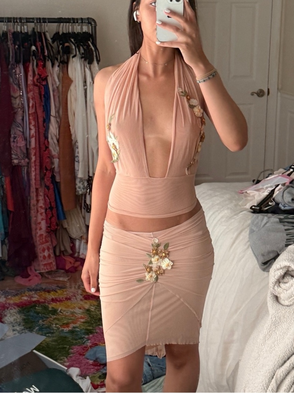 Y2K RARE EMA SAVAL SET Blush Halter Mesh Two-Piece Dress with Floral Appliqué